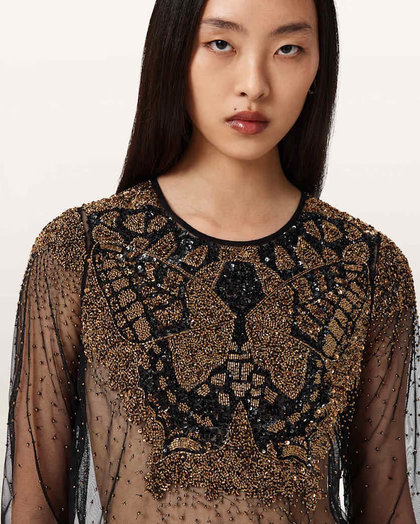 AllSaints Greta Butterfly Embellished Top Women's Black/Gold Women's