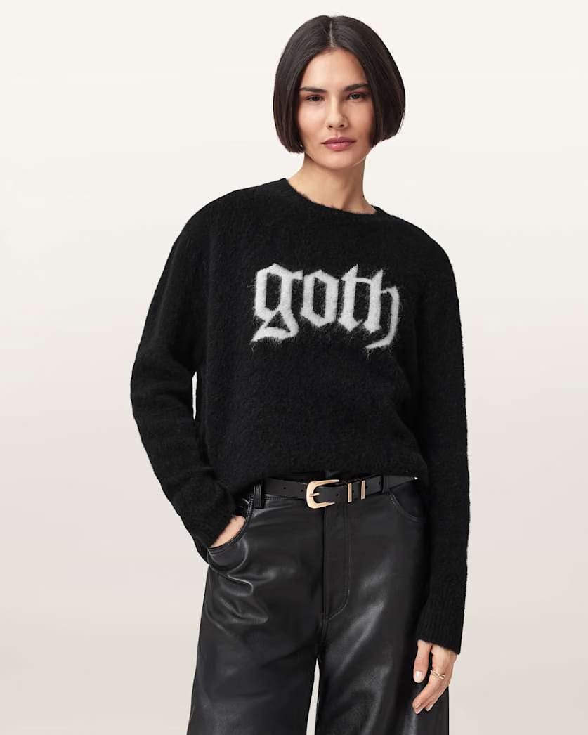 AllSaints Goth Motif Wool Blend Crew Neck Sweater Women's Black Women's
