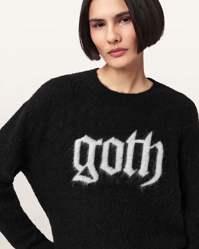 AllSaints Goth Motif Wool Blend Crew Neck Sweater Women's Black Women's