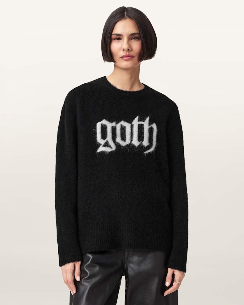 AllSaints Goth Motif Wool Blend Crew Neck Sweater Women's Black Women's