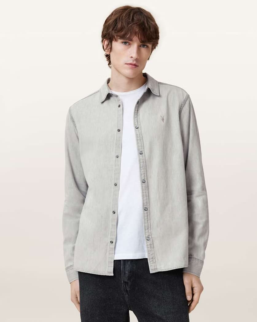 AllSaints Gleason Press Stud Ramskull Denim Shirt Grey