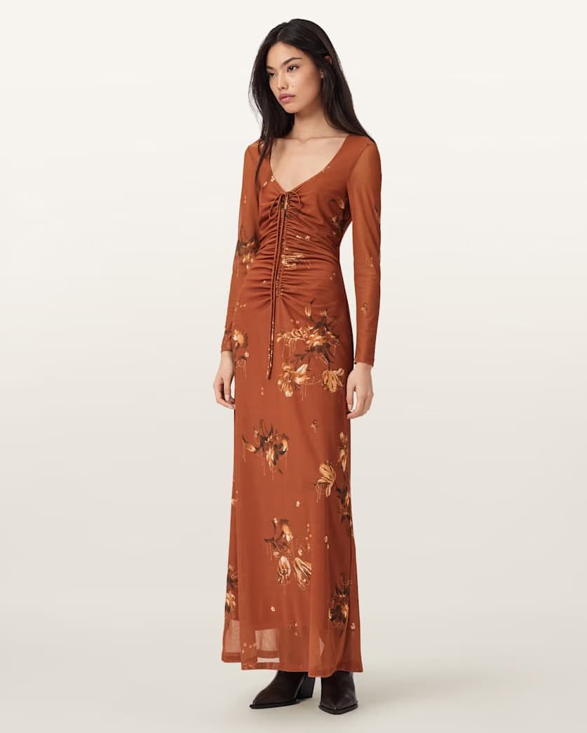 AllSaints Gabby Mesh Maxi Dress Women's Ania Rust Brown Women's