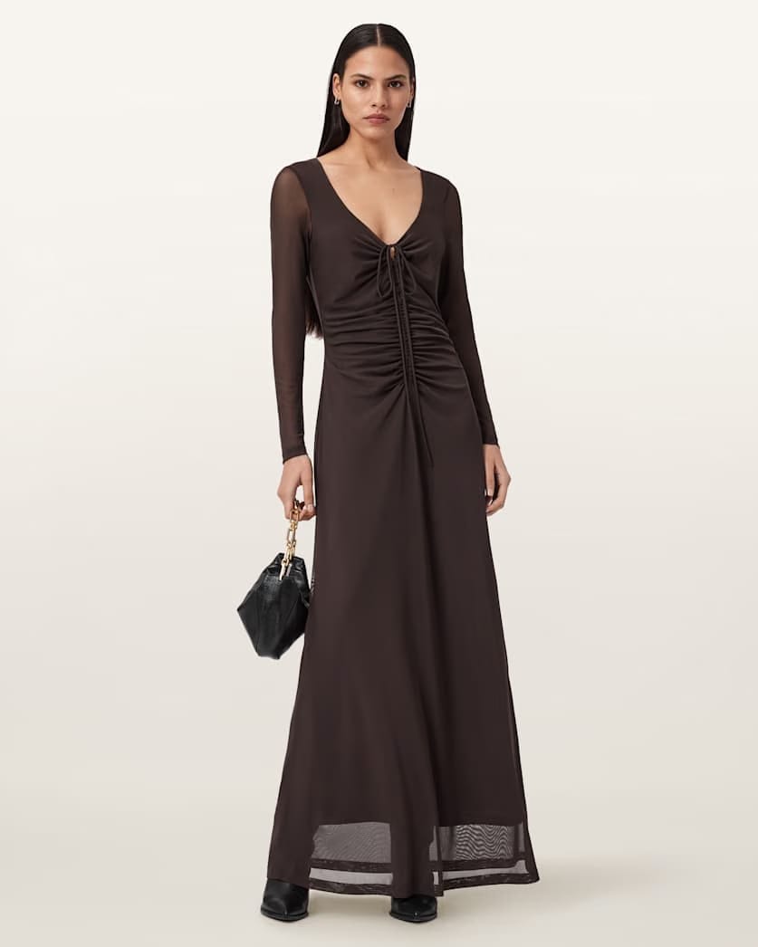 AllSaints Gabby Mesh Maxi Dress Women's Ania Rust Brown Women's