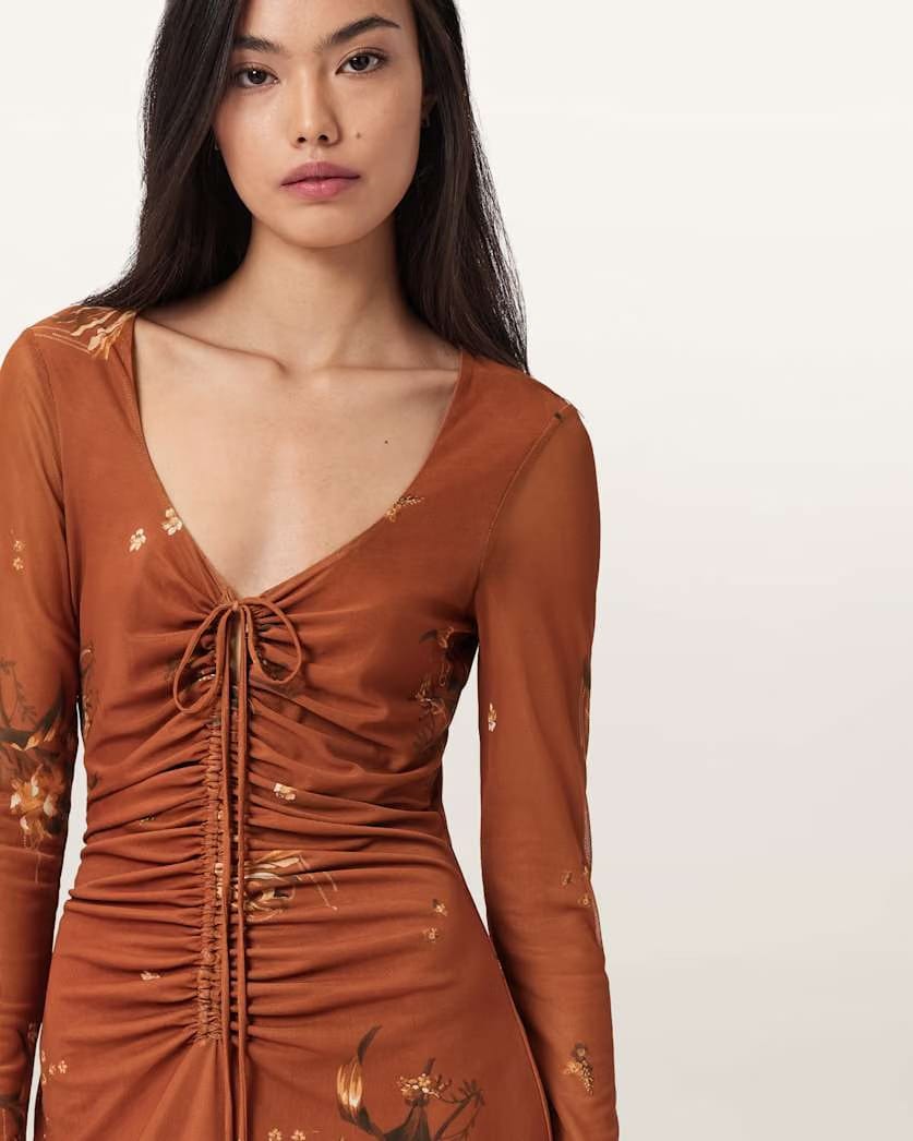 AllSaints Gabby Mesh Maxi Dress Women's Ania Rust Brown Women's
