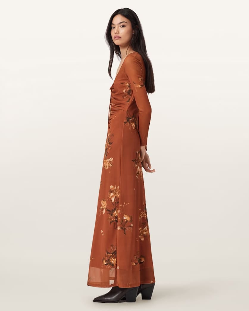 AllSaints Gabby Mesh Maxi Dress Women's Ania Rust Brown Women's