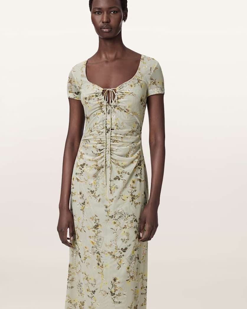 AllSaints Gabby Floral Print Mesh Maxi Dress Women's Carmel Stem Green Women's