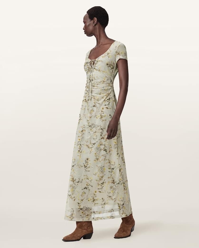 AllSaints Gabby Floral Print Mesh Maxi Dress Women's Carmel Stem Green Women's