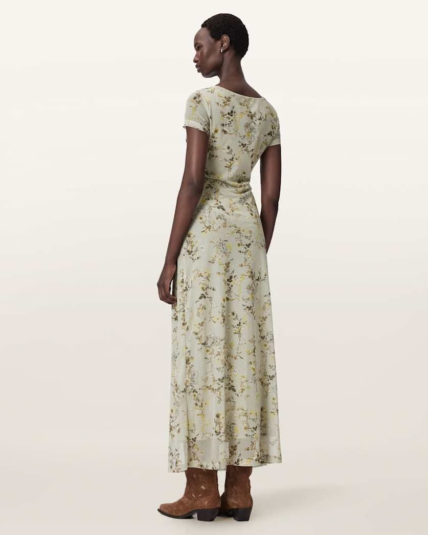 AllSaints Gabby Floral Print Mesh Maxi Dress Women's Carmel Stem Green Women's