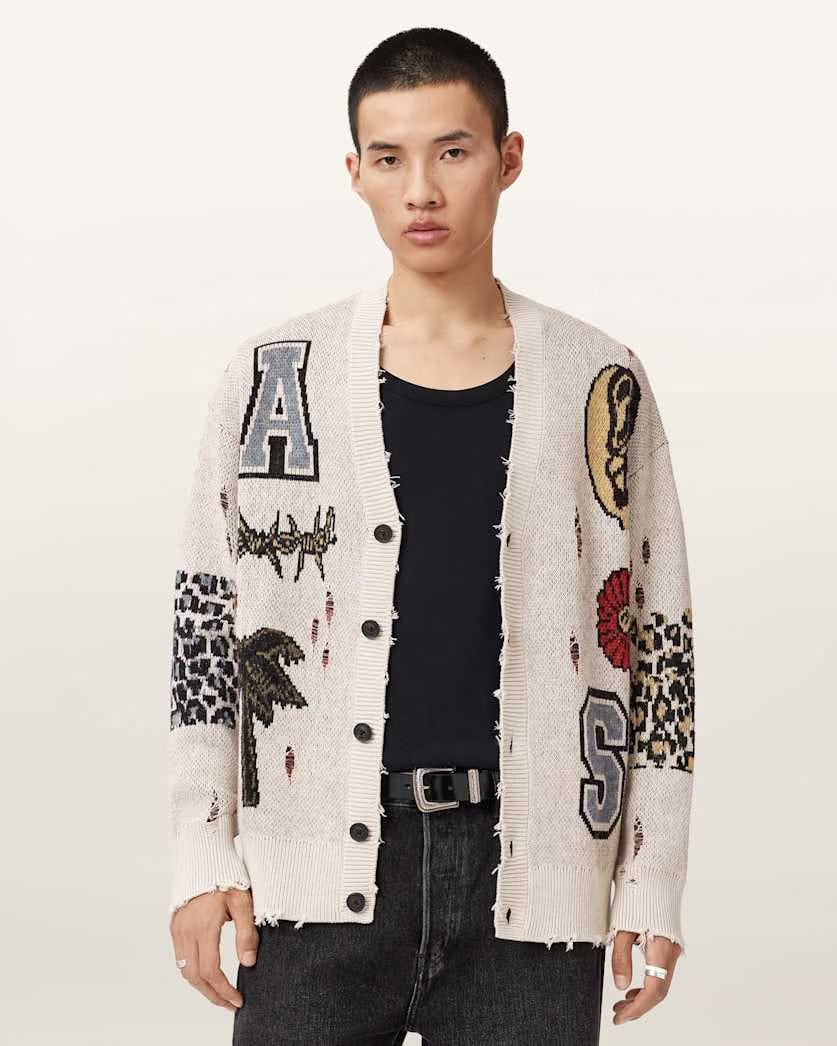 AllSaints Foxx Jacquard Oversized Cardigan Ecru White
