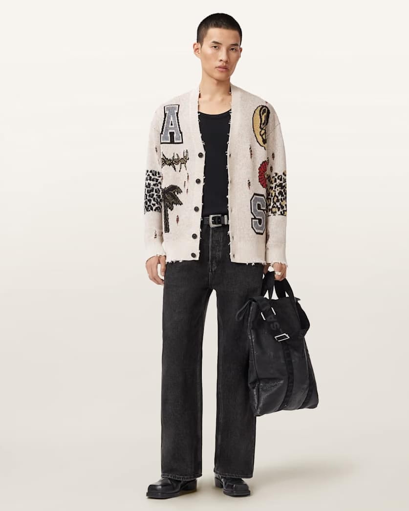 AllSaints Foxx Jacquard Oversized Cardigan Ecru White
