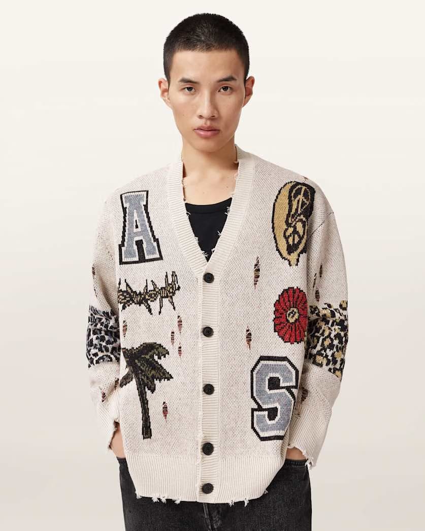 AllSaints Foxx Jacquard Oversized Cardigan Ecru White
