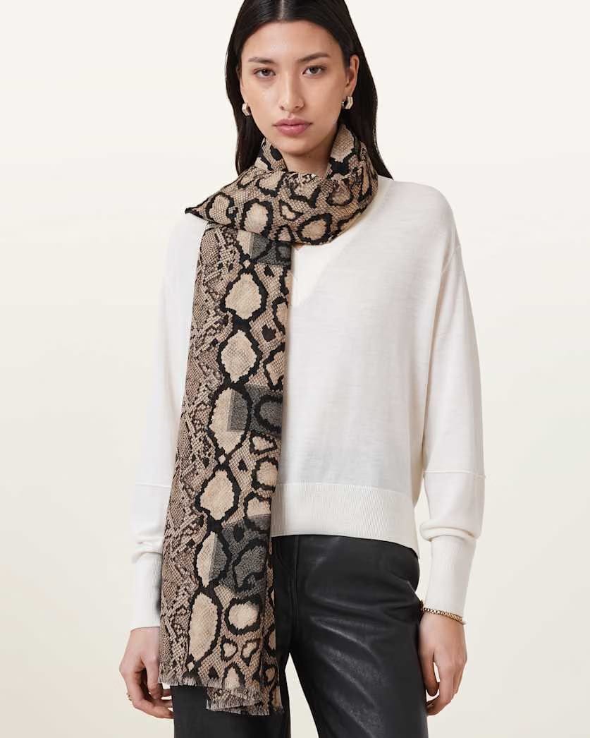 AllSaints Flow Snake Print Logo Pareo Scarf Women's Ecru White Women's