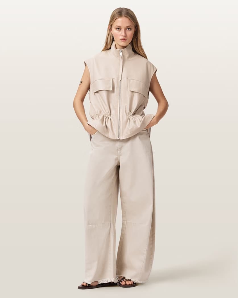 AllSaints Flor Relaxed Fit Leather Gilet Women's Antique White Women's