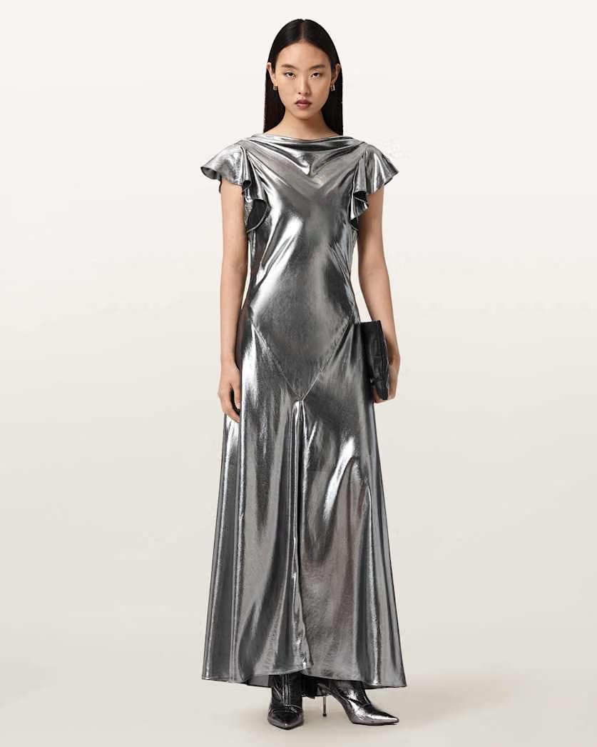 AllSaints Flora Metallic Maxi Dress Women's Metallic Silver Women's