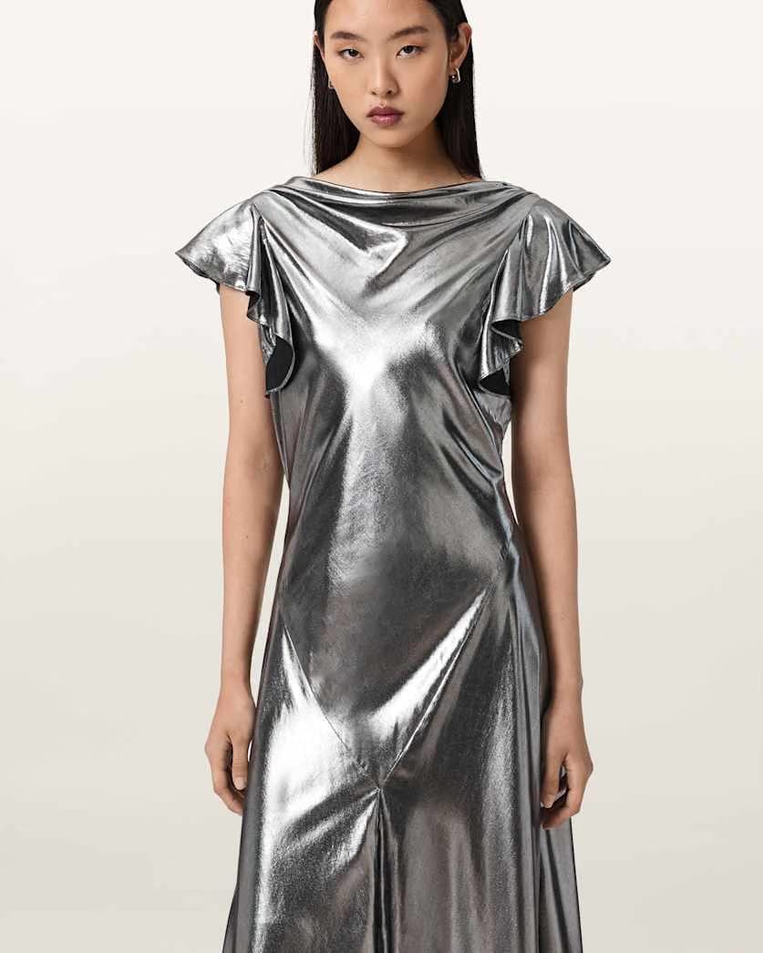 AllSaints Flora Metallic Maxi Dress Women's Metallic Silver Women's