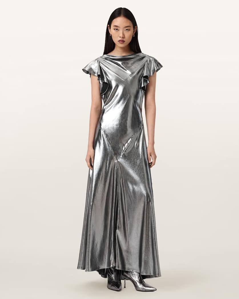 AllSaints Flora Metallic Maxi Dress Women's Metallic Silver Women's
