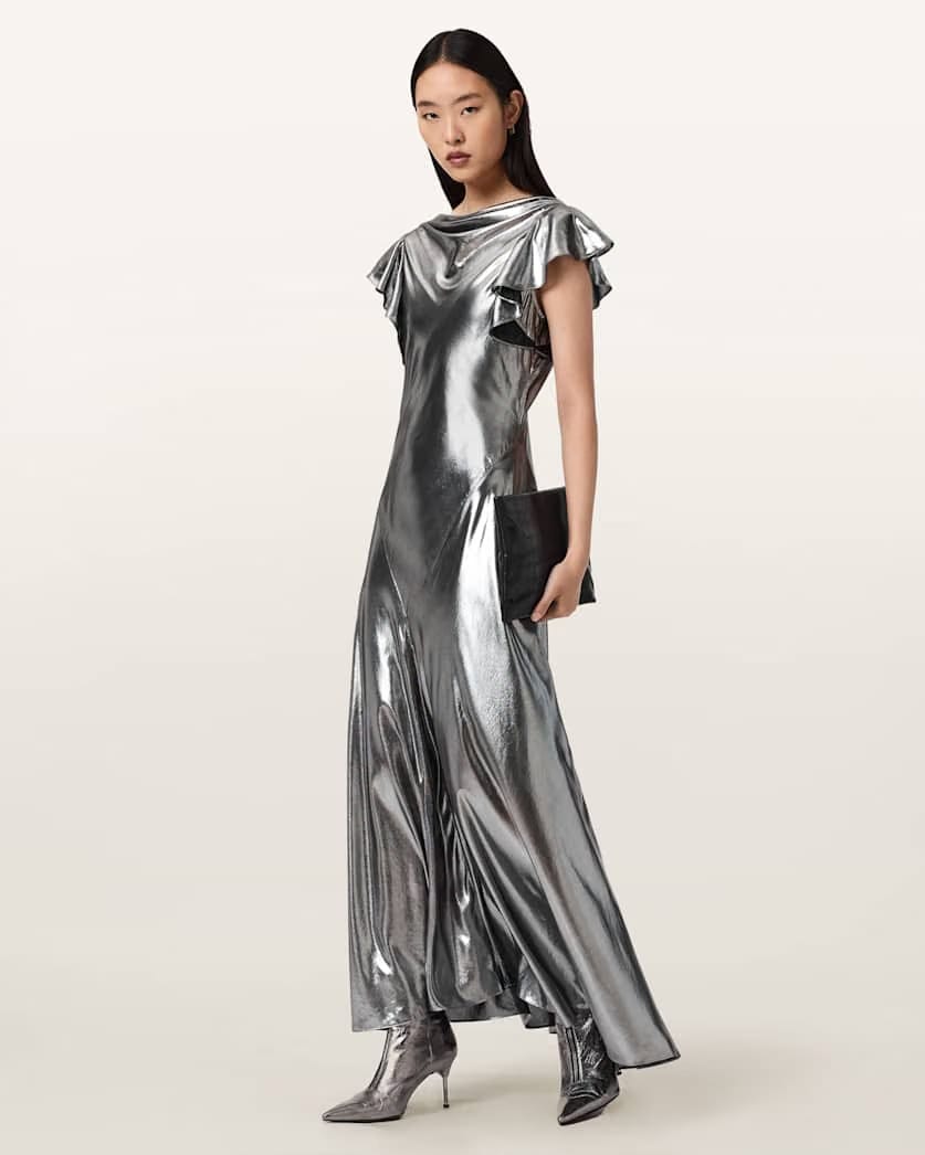 AllSaints Flora Metallic Maxi Dress Women's Metallic Silver Women's