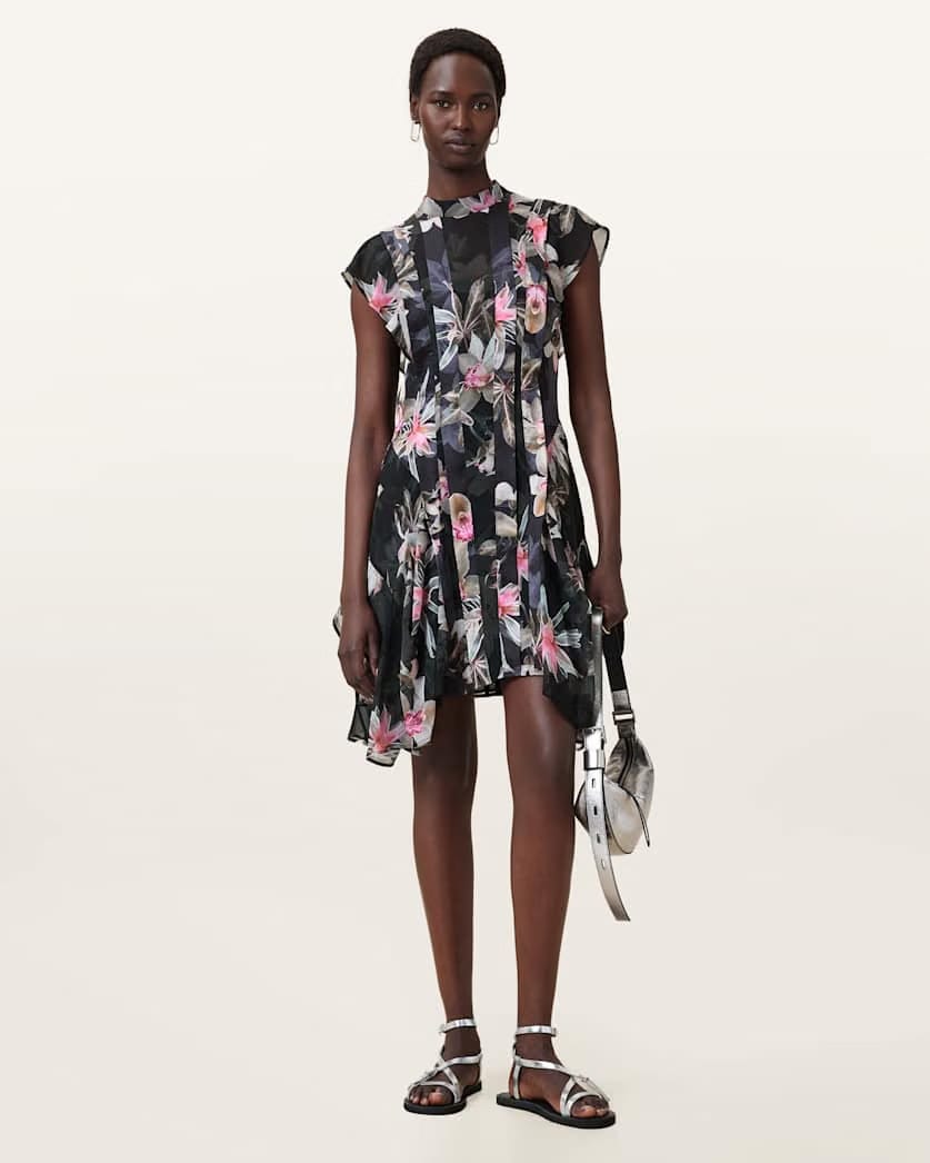 AllSaints Fleur Printed Asymmetric Mini Dress Women's Adena Black Women's
