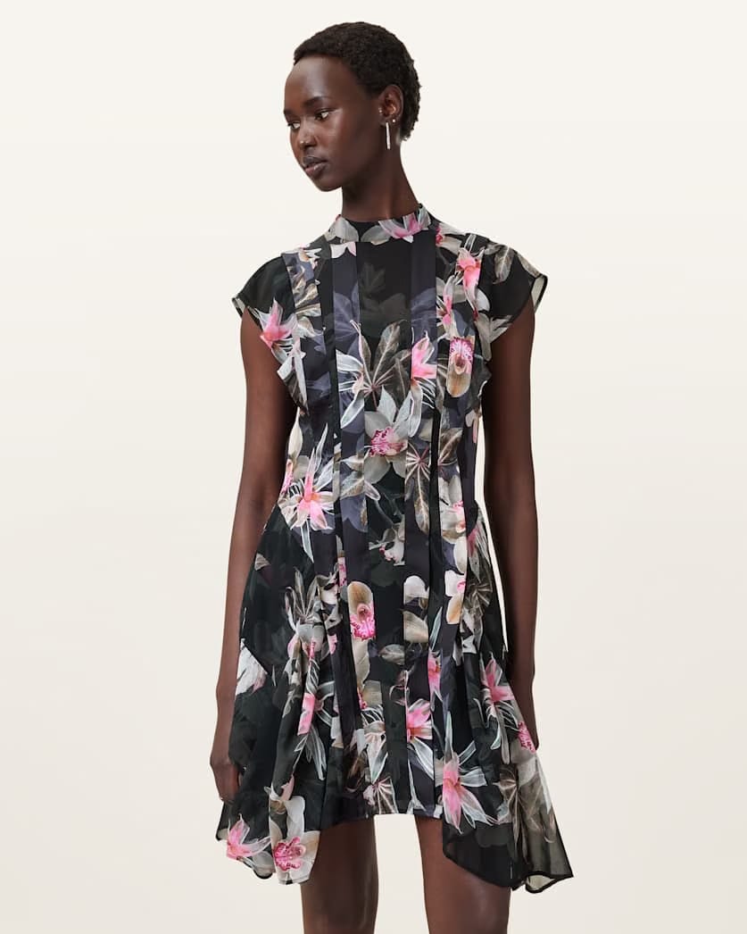 AllSaints Fleur Printed Asymmetric Mini Dress Women's Adena Black Women's