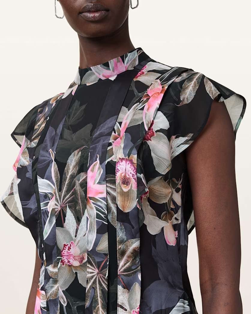 AllSaints Fleur Printed Asymmetric Mini Dress Women's Adena Black Women's