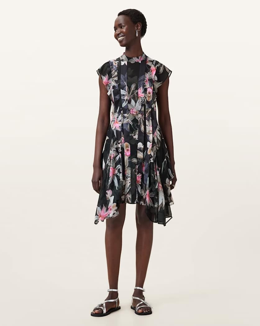 AllSaints Fleur Printed Asymmetric Mini Dress Women's Adena Black Women's