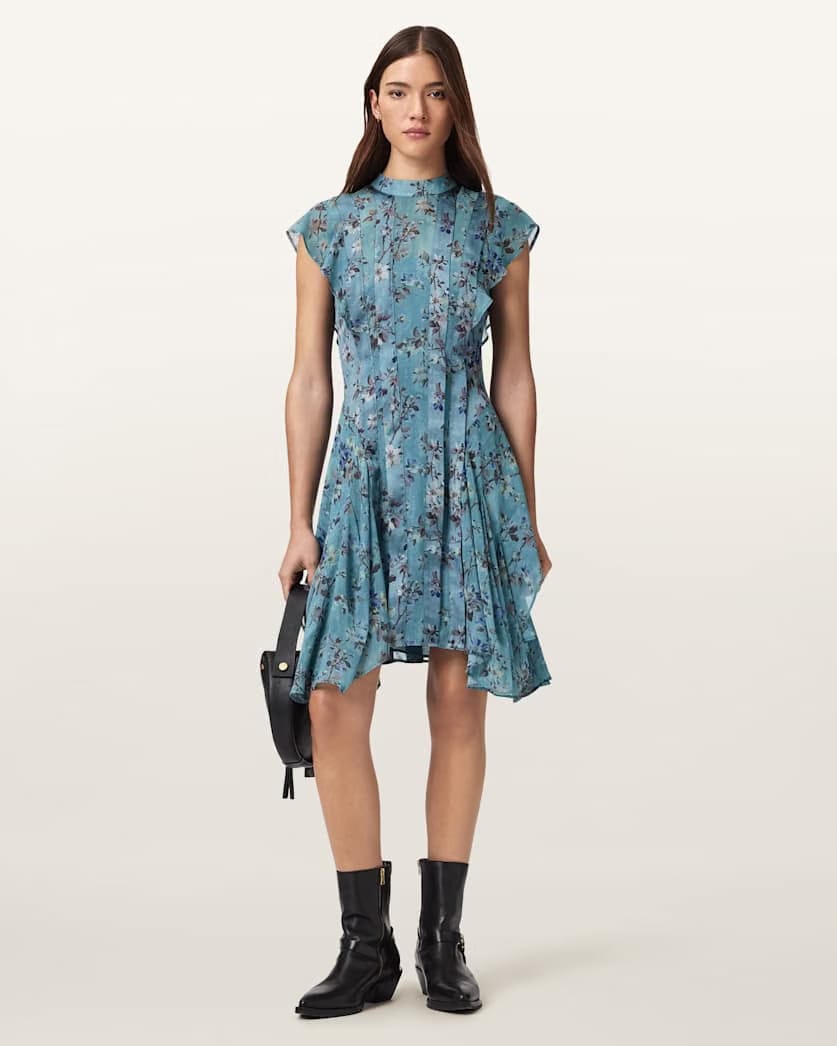AllSaints Fleur Printed Asymmetric Mini Dress Women's Vine Lake Blue Women's