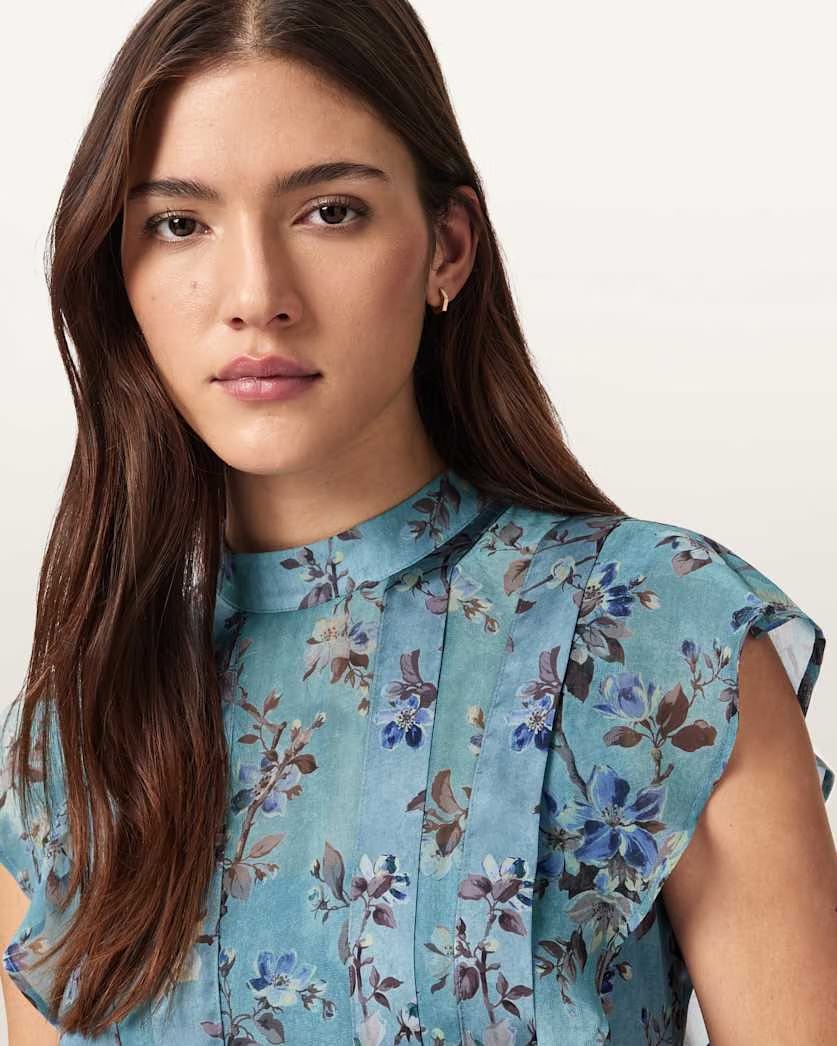 AllSaints Fleur Printed Asymmetric Mini Dress Women's Vine Lake Blue Women's