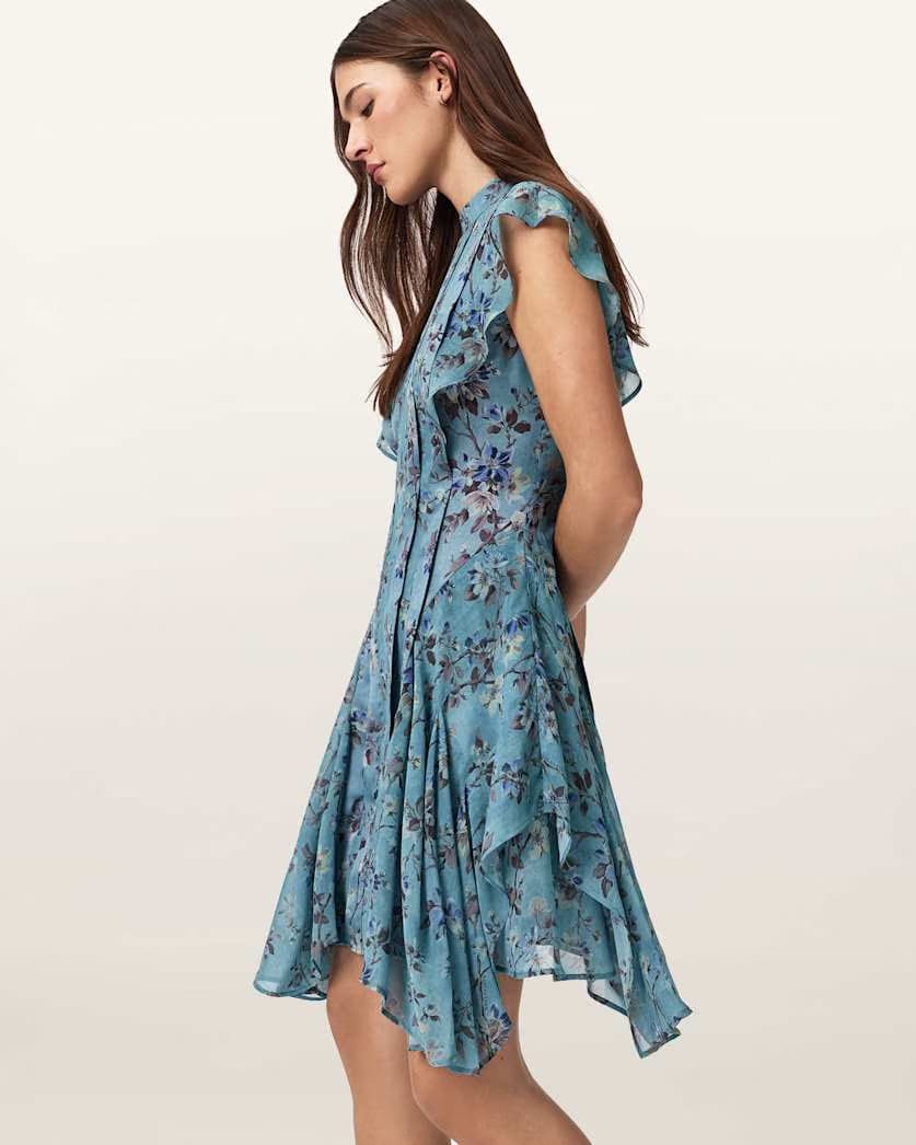 AllSaints Fleur Printed Asymmetric Mini Dress Women's Vine Lake Blue Women's