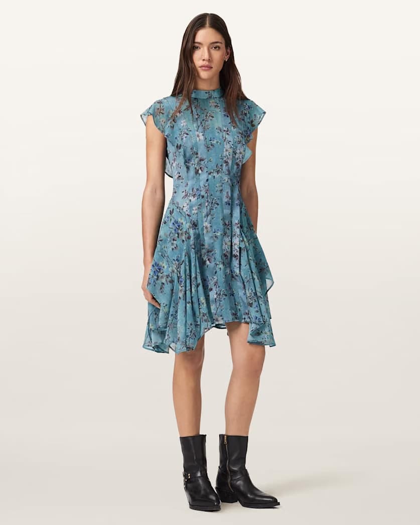 AllSaints Fleur Printed Asymmetric Mini Dress Women's Vine Lake Blue Women's