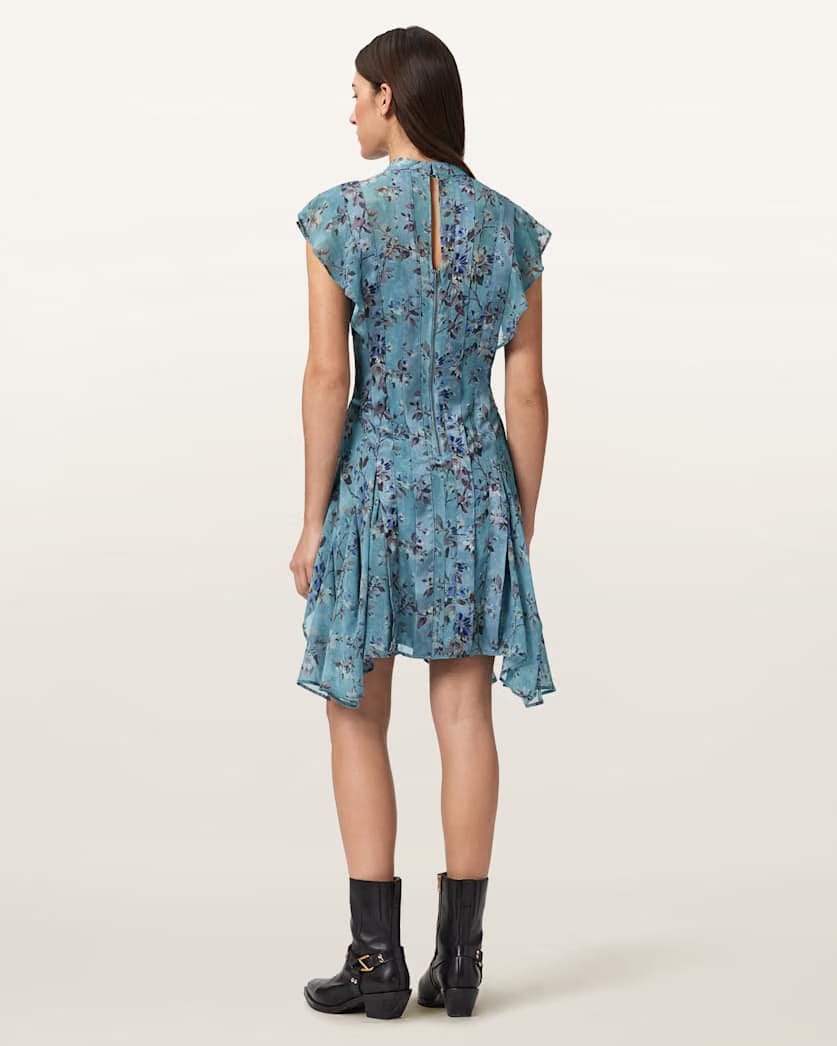 AllSaints Fleur Printed Asymmetric Mini Dress Women's Vine Lake Blue Women's