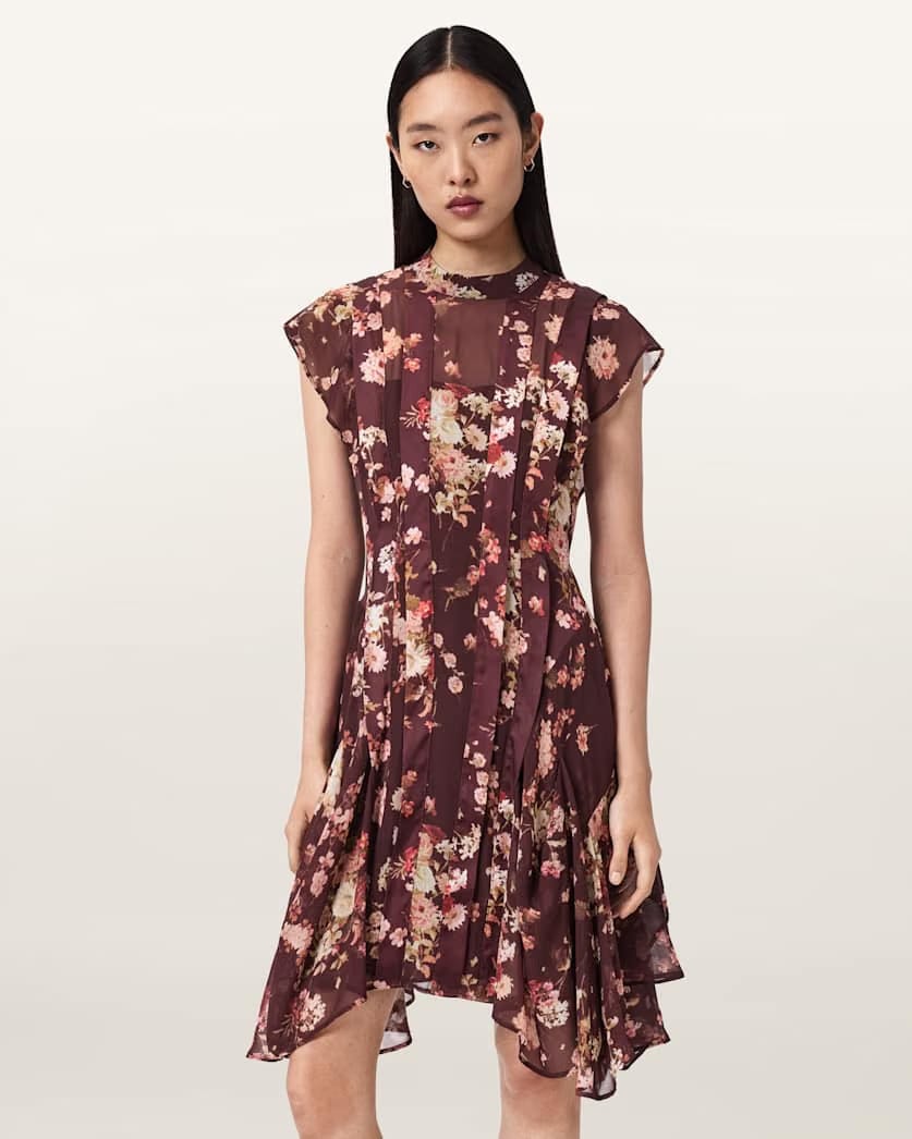 AllSaints Fleur Asymmetric Floral Dress Women's Armada Wine Red Women's