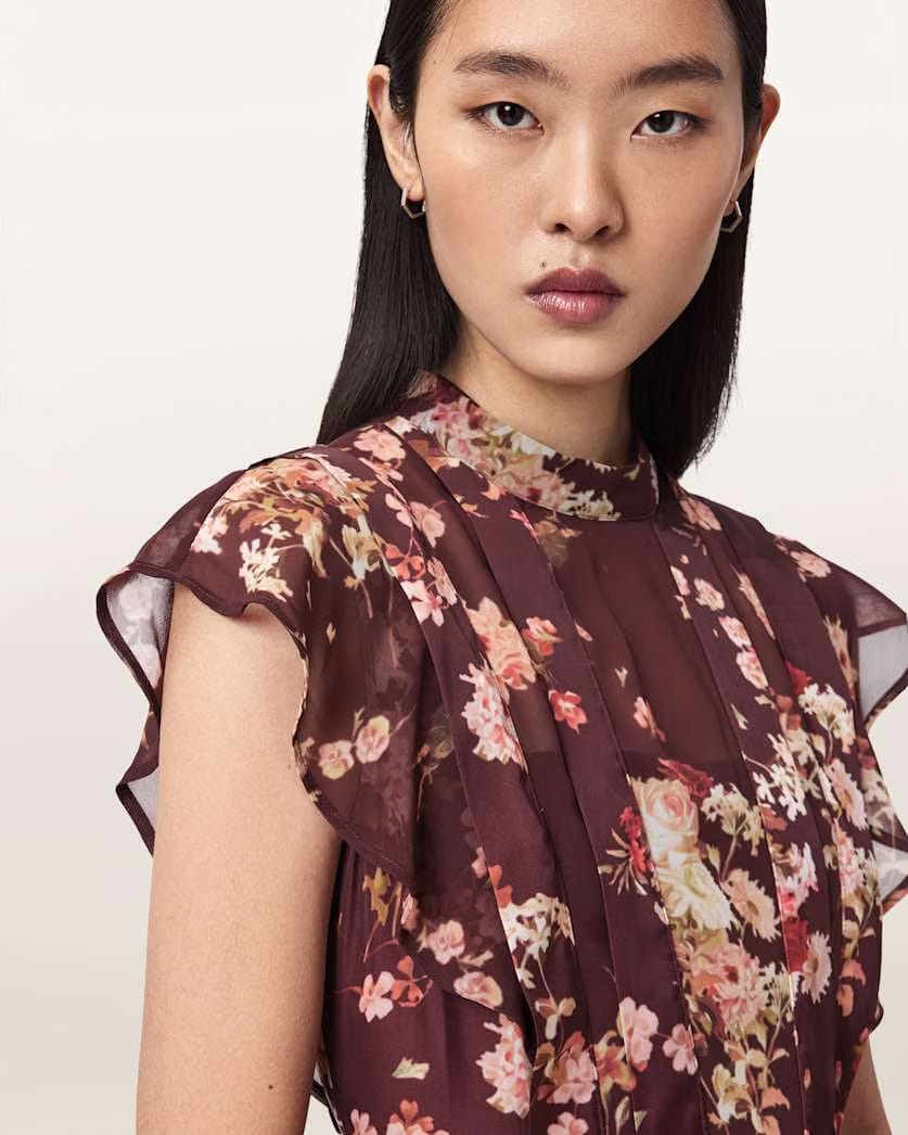 AllSaints Fleur Asymmetric Floral Dress Women's Armada Wine Red Women's