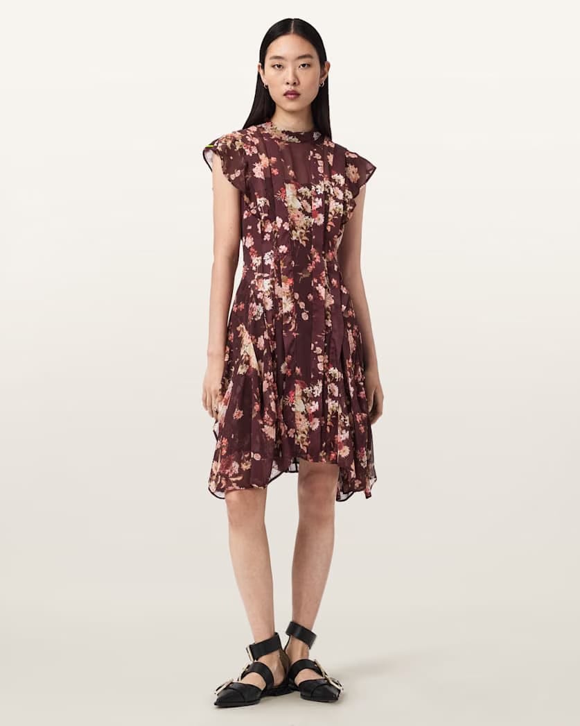 AllSaints Fleur Asymmetric Floral Dress Women's Armada Wine Red Women's