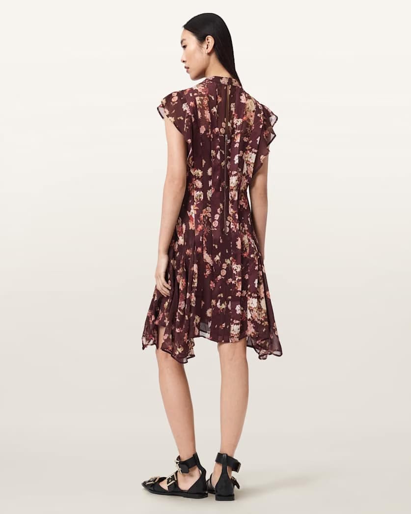AllSaints Fleur Asymmetric Floral Dress Women's Armada Wine Red Women's