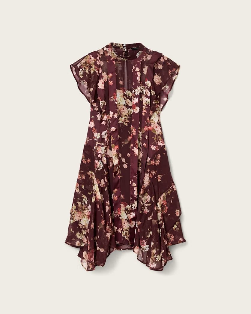 AllSaints Fleur Asymmetric Floral Dress Women's Armada Wine Red Women's