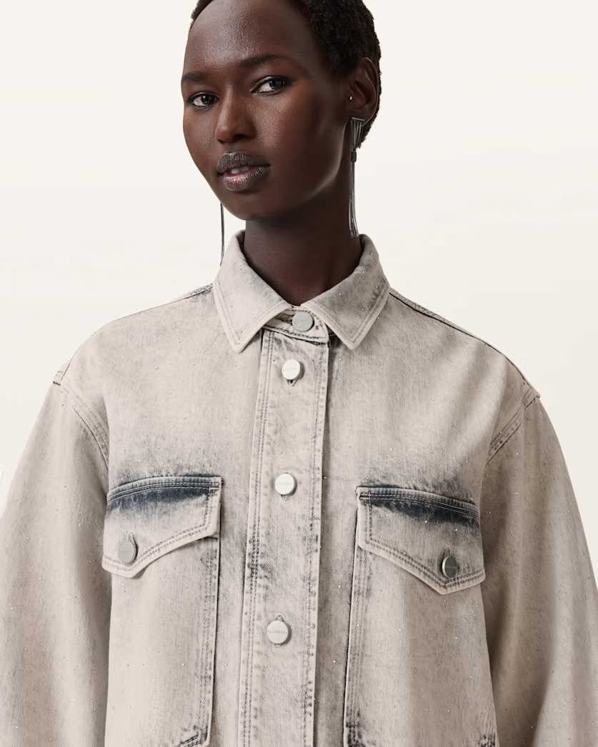 AllSaints Faye Sparkle Denim Mini Dress Women's Snow Grey Women's