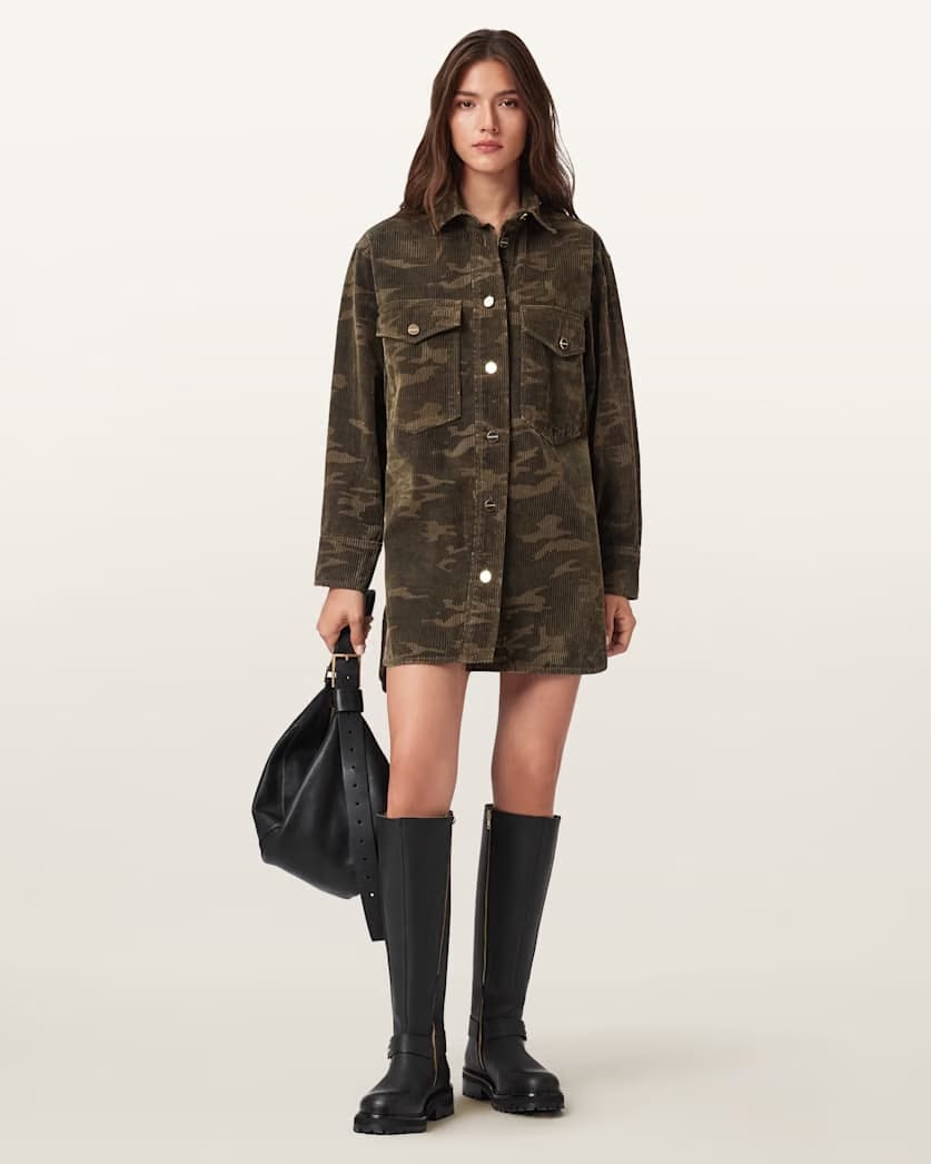 AllSaints Faye Flocked Oversized Dress Women's Camo Green Women's