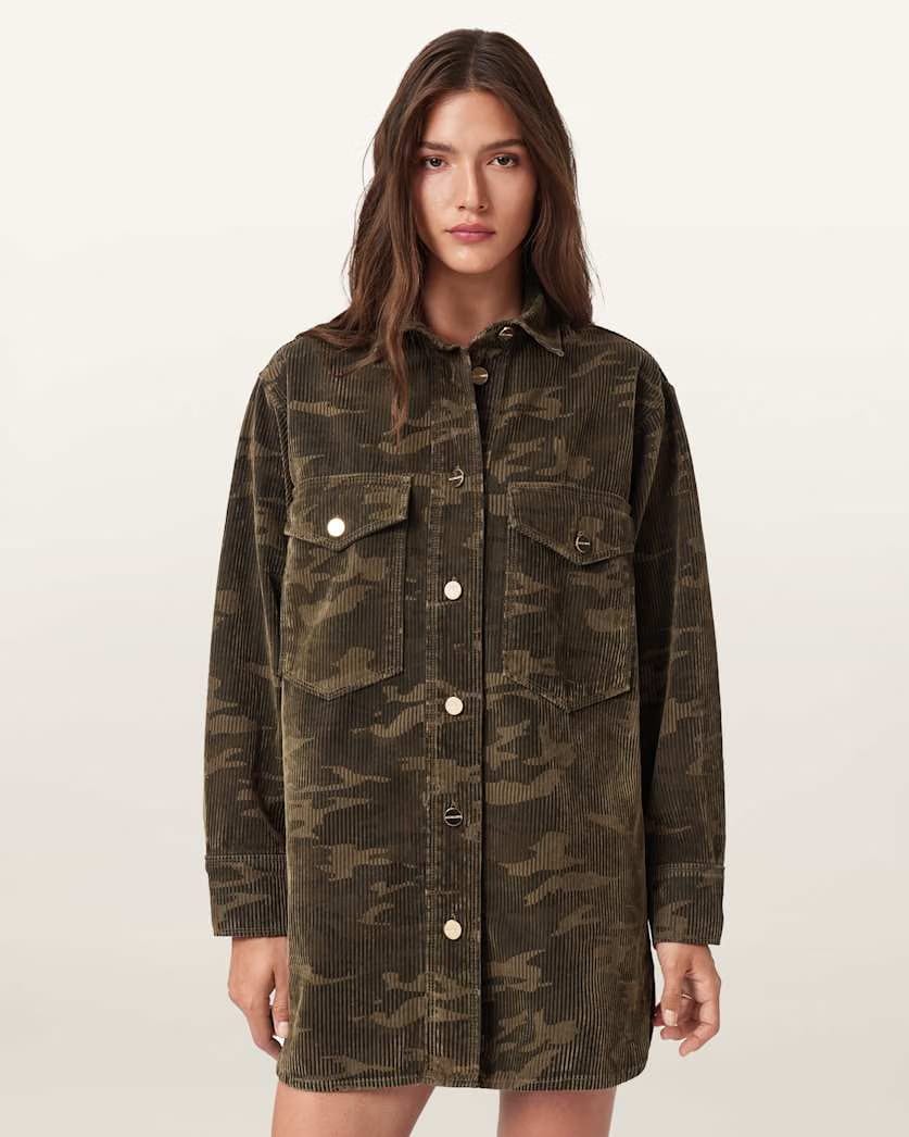 AllSaints Faye Flocked Oversized Dress Women's Camo Green Women's