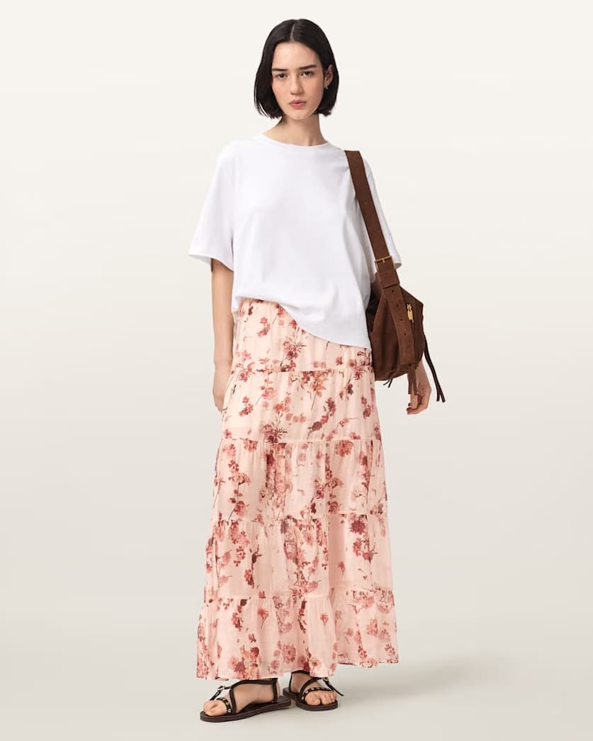 AllSaints Evia Tiered Floral Maxi Skirt Women's Armada Soft Pink Women's