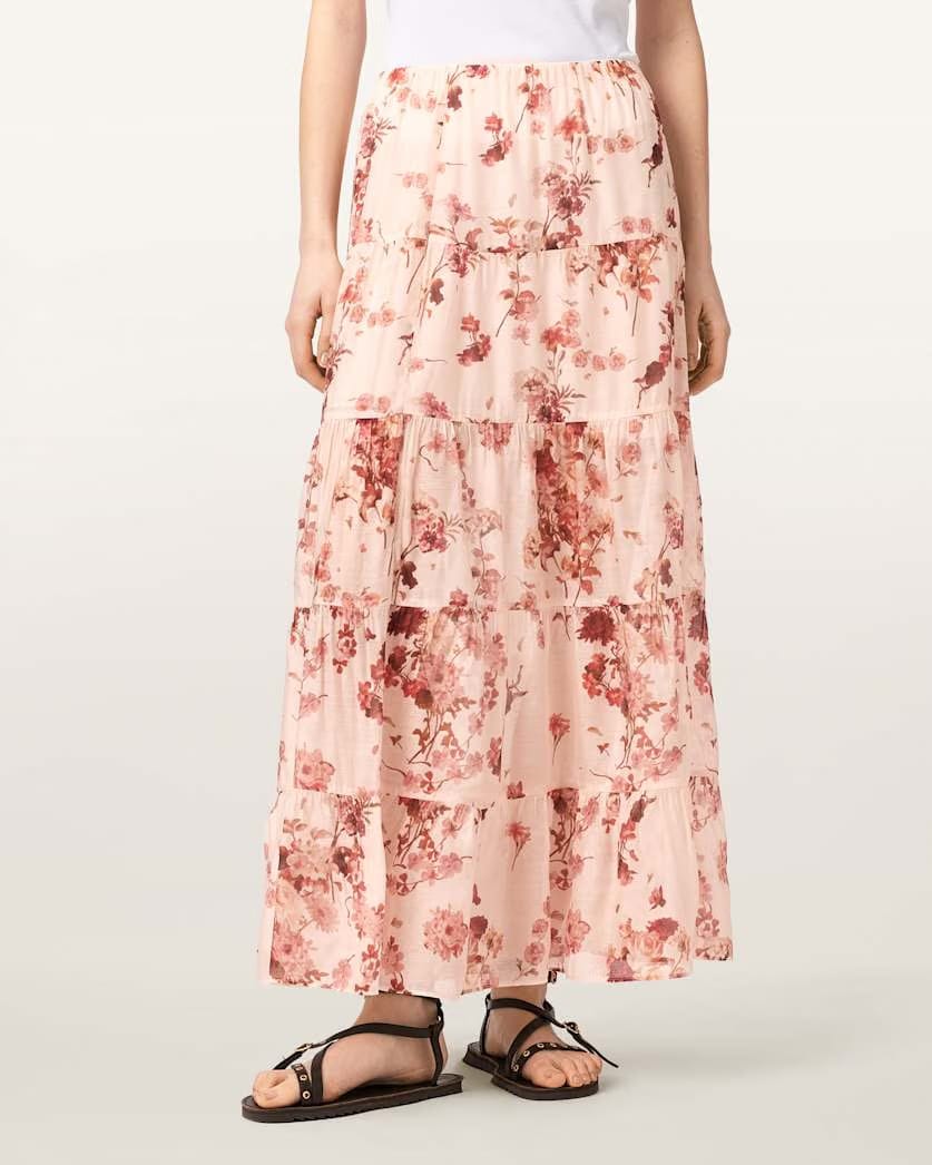 AllSaints Evia Tiered Floral Maxi Skirt Women's Armada Soft Pink Women's