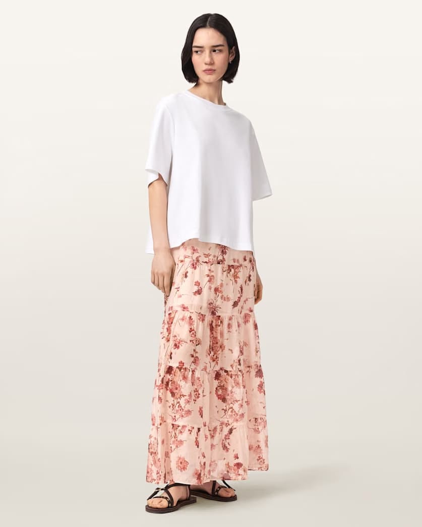AllSaints Evia Tiered Floral Maxi Skirt Women's Armada Soft Pink Women's