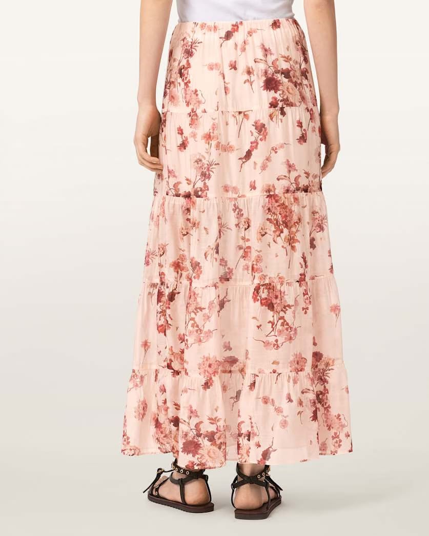 AllSaints Evia Tiered Floral Maxi Skirt Women's Armada Soft Pink Women's