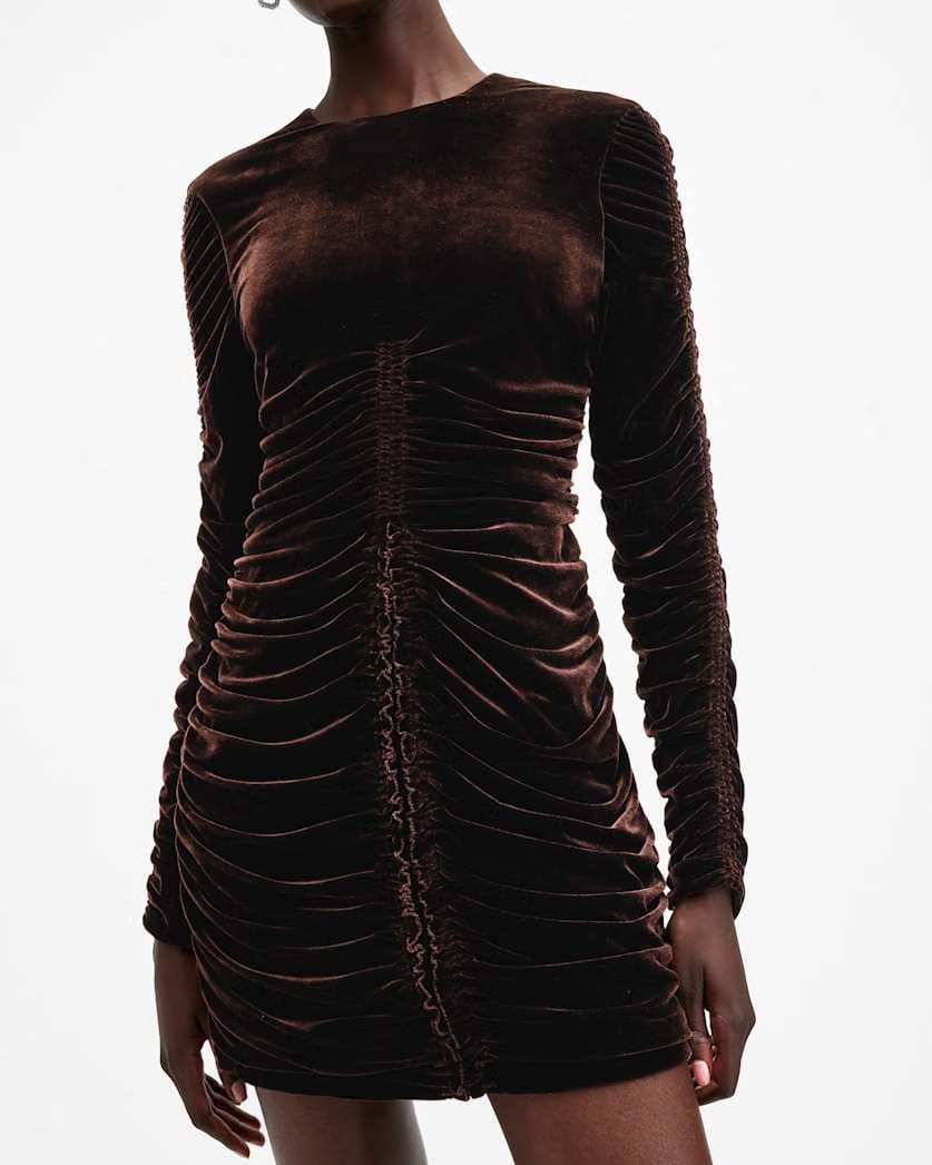 AllSaints Eris Ruched Velvet Mini Dress Women's Rich Brown Women's