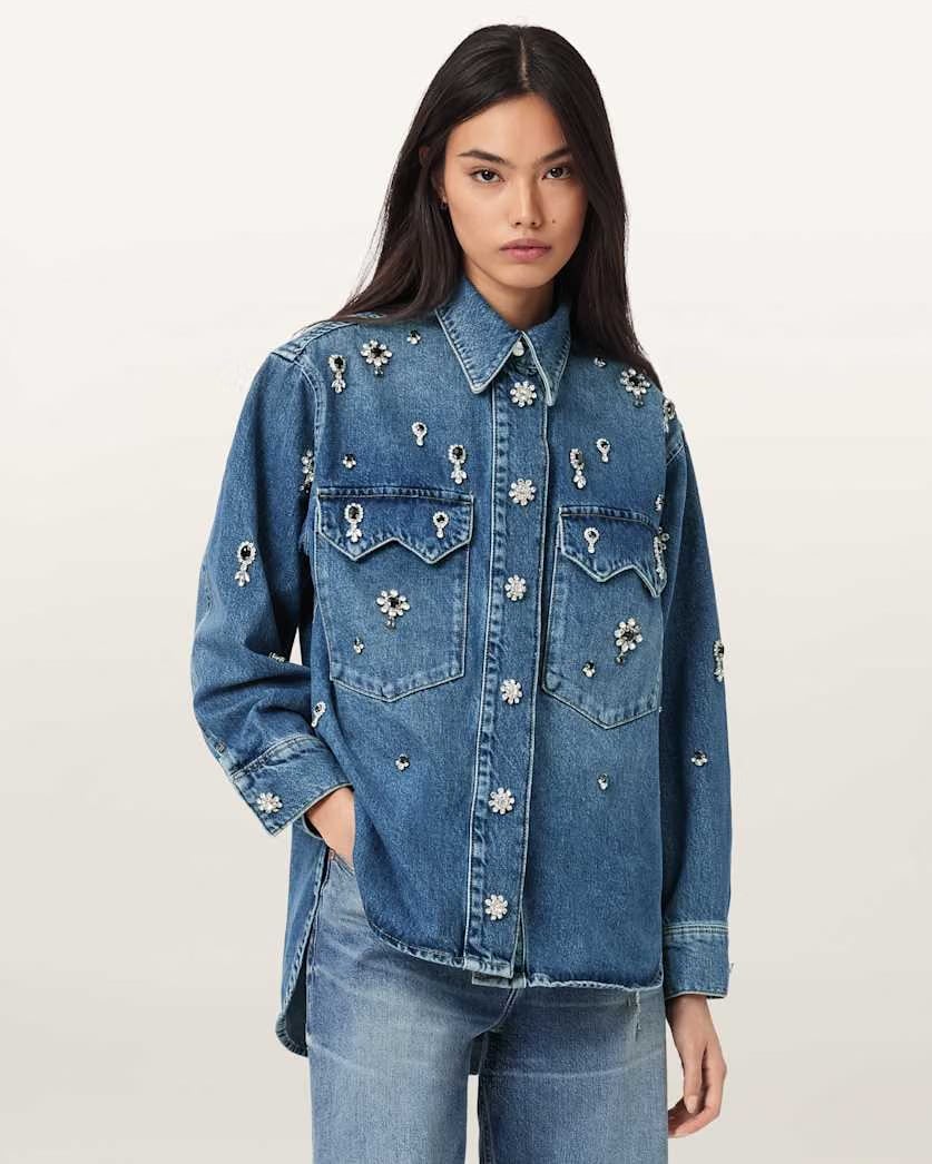 AllSaints Enna Embellished Denim Shirt Women's Vintage Indigo Women's