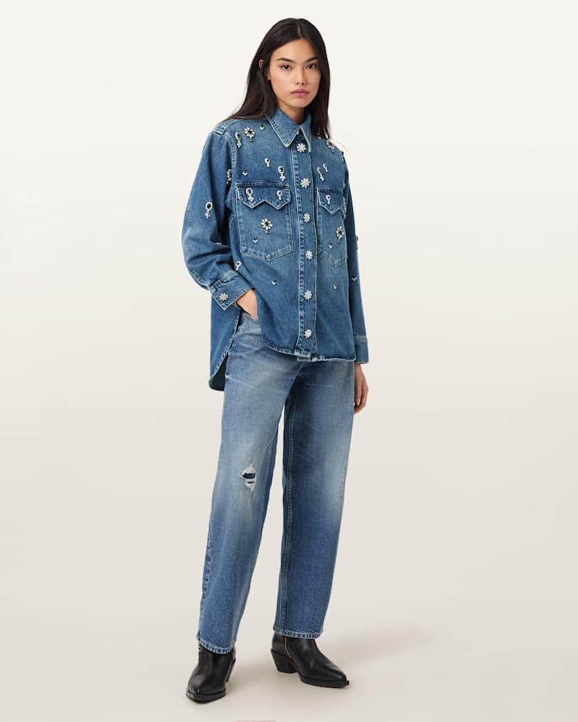 AllSaints Enna Embellished Denim Shirt Women's Vintage Indigo Women's