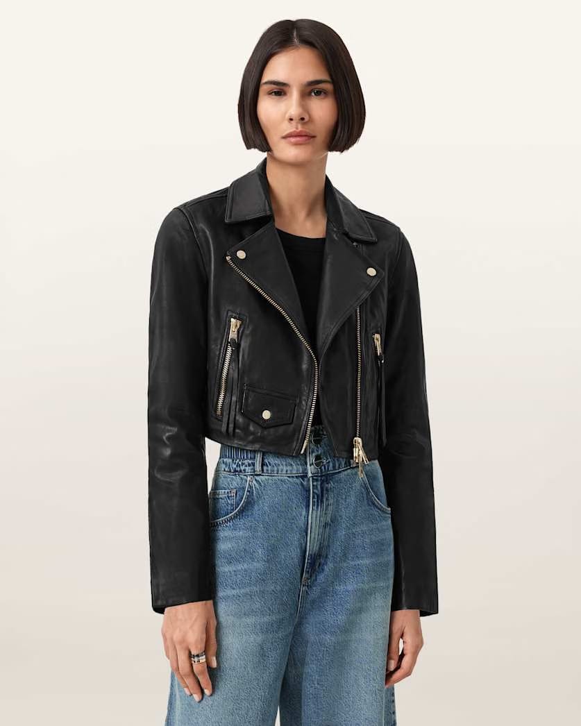 AllSaints Elora Leather Biker Jacket Women's Black/Gold Women's