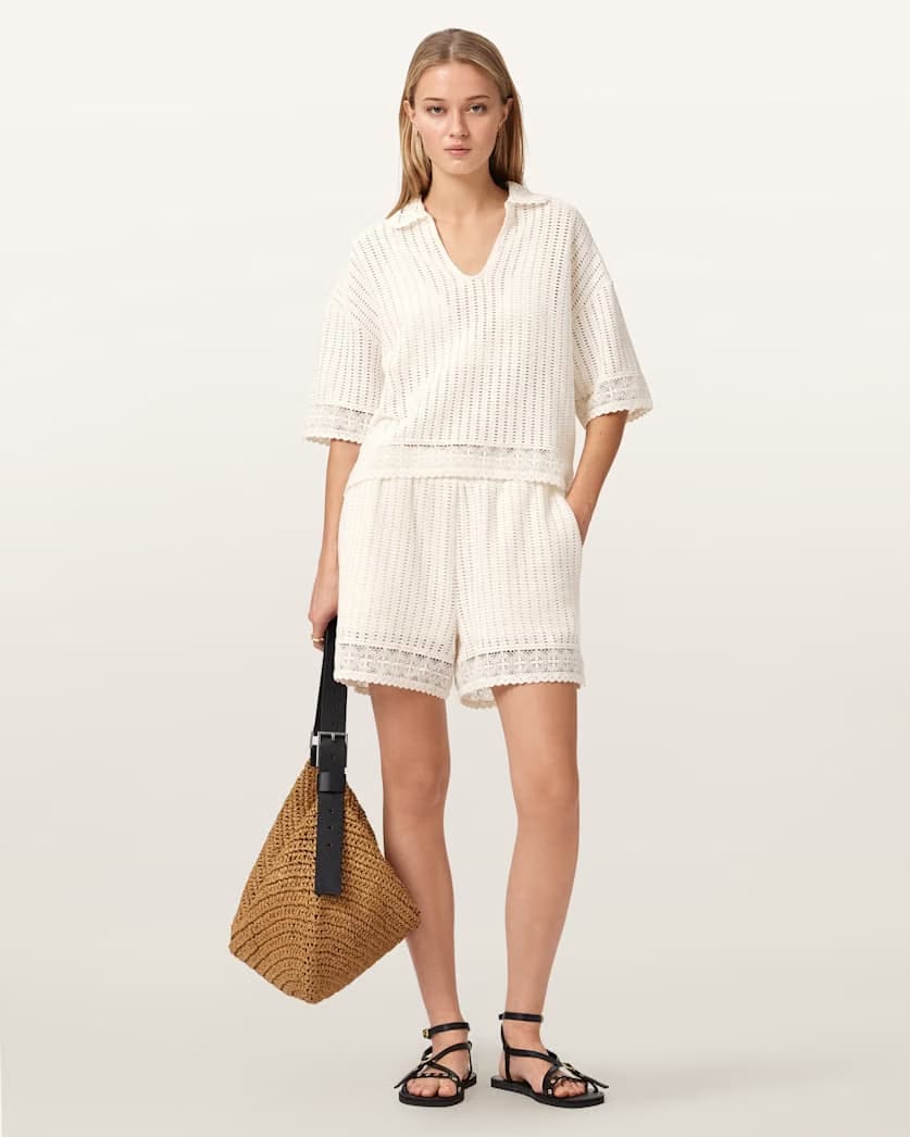 AllSaints Elma Mid Rise Crochet Cotton Shorts Women's Mallow White Women's