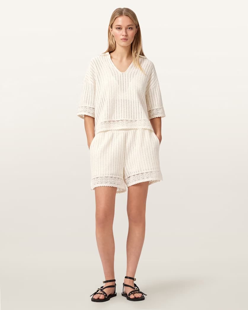 AllSaints Elma Mid Rise Crochet Cotton Shorts Women's Mallow White Women's