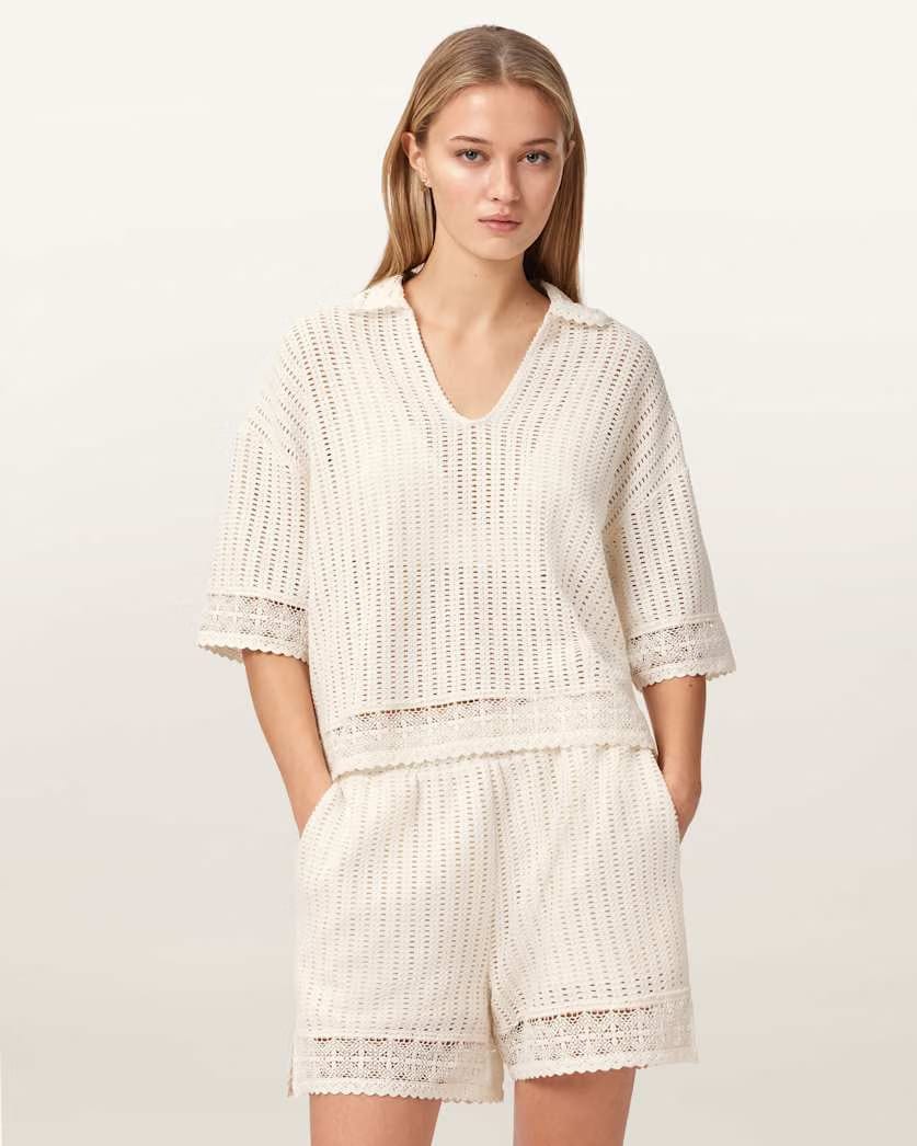 AllSaints Elma Crochet Lace Cropped Top Women's Mallow White Women's