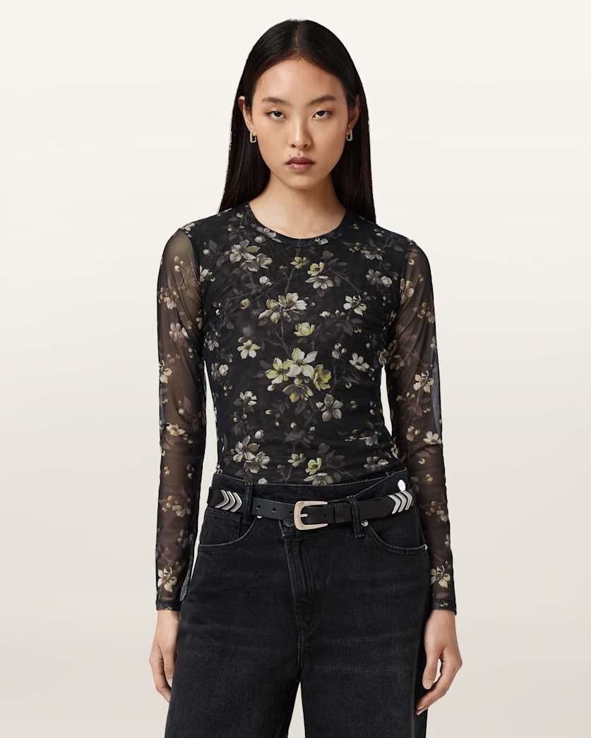 AllSaints Ellie Mesh Long Sleeve T-Shirt Women's Leppo Brown Women's